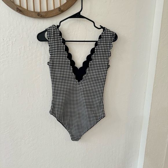 Black White Gingham Check Stretch Scallop Double Sided Slip On Bodysuit M/L - Picture 3 of 8